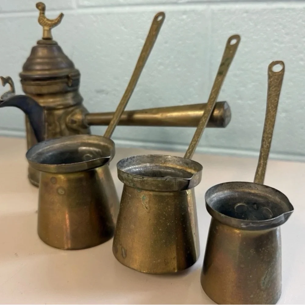 Vintage Engraved Brass‎ Turkish Dallah Handle Coffee Pot With 3 Pour Cups